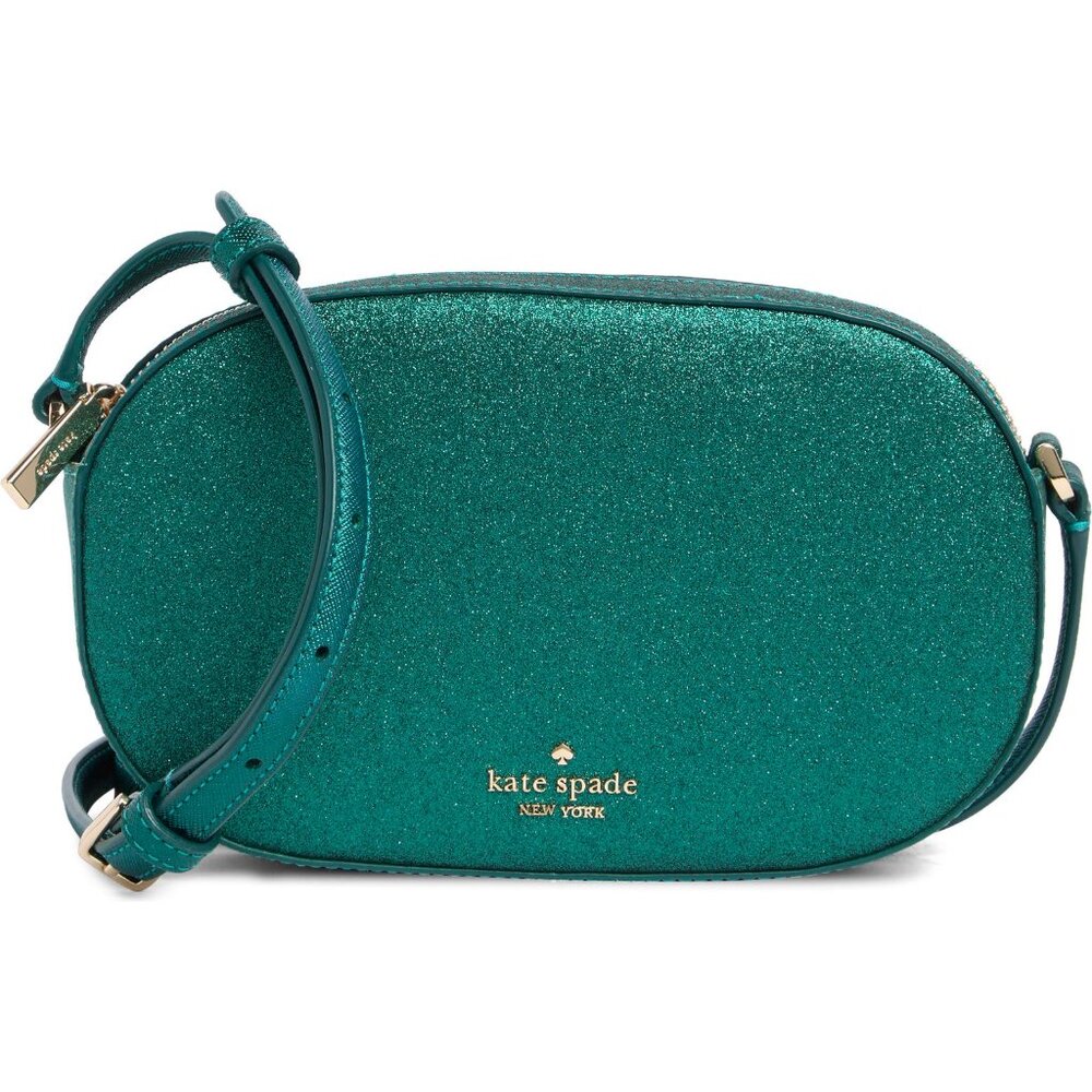 Kate Spade Glimmer Oval Camera Bag Green Glitter Festival Teal Purse NWT